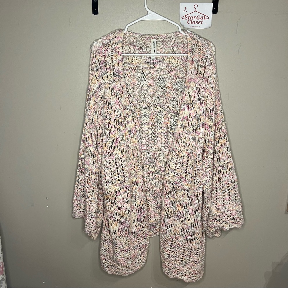 EUC | Aero Bethany Mota Cardigan | Pink Orange Gray | Chunky Knit Crochet | XL